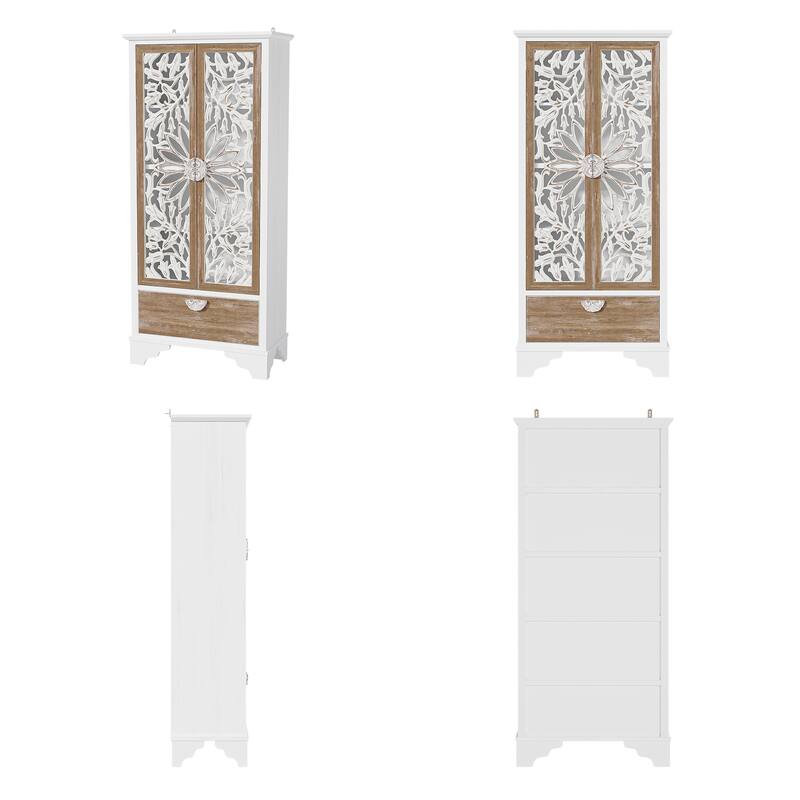 Solid Wood Tall Storage Cabinet, 31.5" Farmhouse Distressed White Carved Armoire with Shelves and Drawer - 31.5"x68.9"