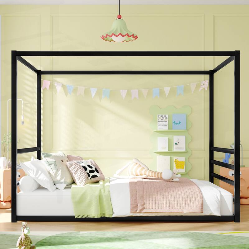 Modern Iron Double-Size Floor Bed with Multi-Functional Guardrails and Stable Structure - Queen