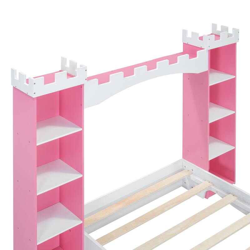 Castle-Shaped Wooden Platform Bed Frame, Kids Dreamy Panel Bed, 2 Storage Cabinets on Both Sides of the Bed