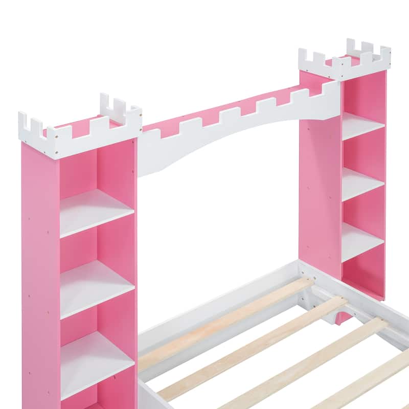Castle-Shaped Wooden Princess Bed with Storage Shelves, Dreamy Twin Size Platform Bed Frame with Slats Support for Kids Bedroom