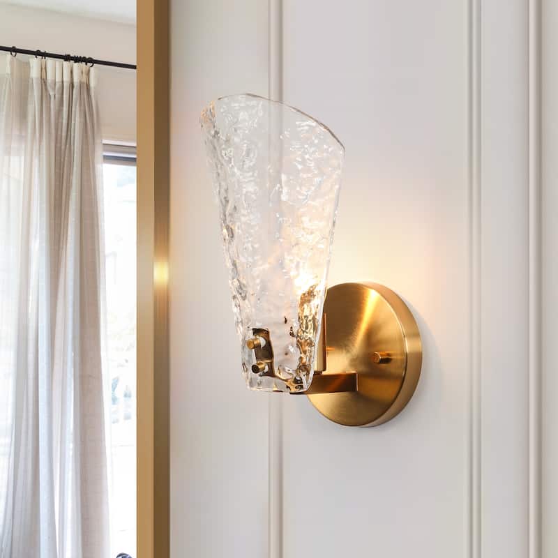 Fenro Modern Brass Wall Sconce Glass Art Deco Bathroom Vanity Light - Electroplated Gold - L4.7"*W5.9"*H10.6"