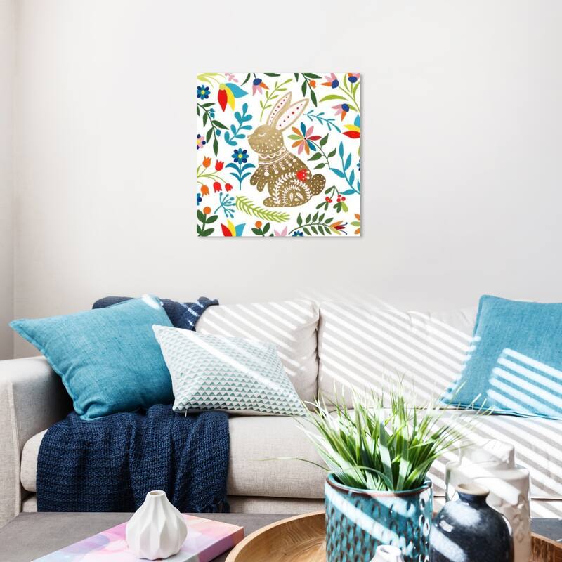 Wynwood Studio Canvas Animals Colorful Golden Bunny Gold and Metallic Gold Scandinavian Wall Art Canvas Print - Gold, Blue - 20 x 20