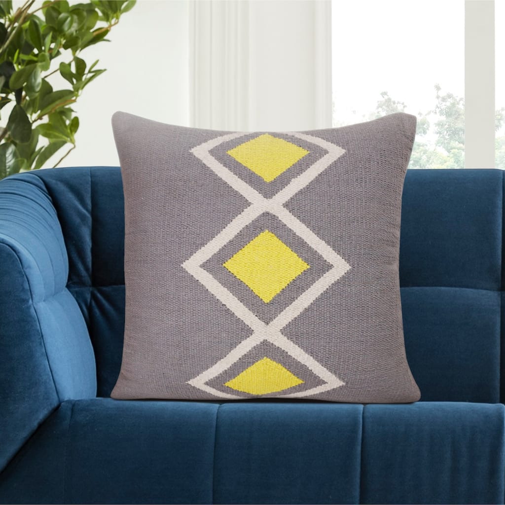 Handwoven Diamond Cotton Throw Pillow Cover - 20" - Gray and Yellow