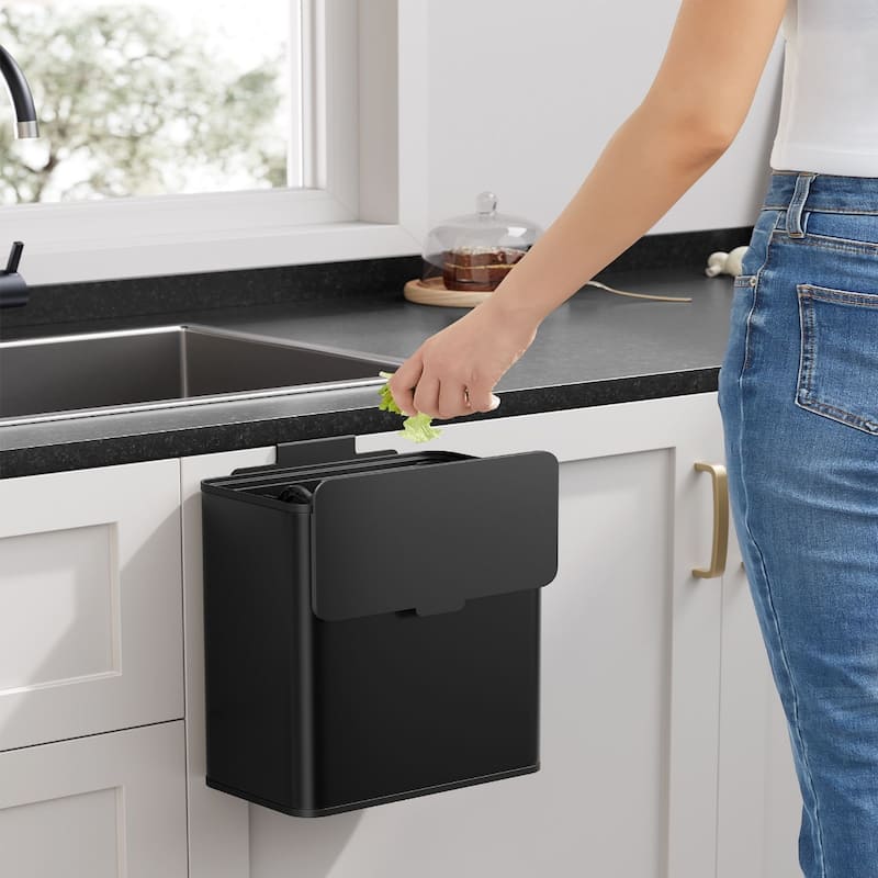2.1 Gallon Hanging Trash Can with Lid for Kitchen Cabinet Wall Mounted or Countertop Use