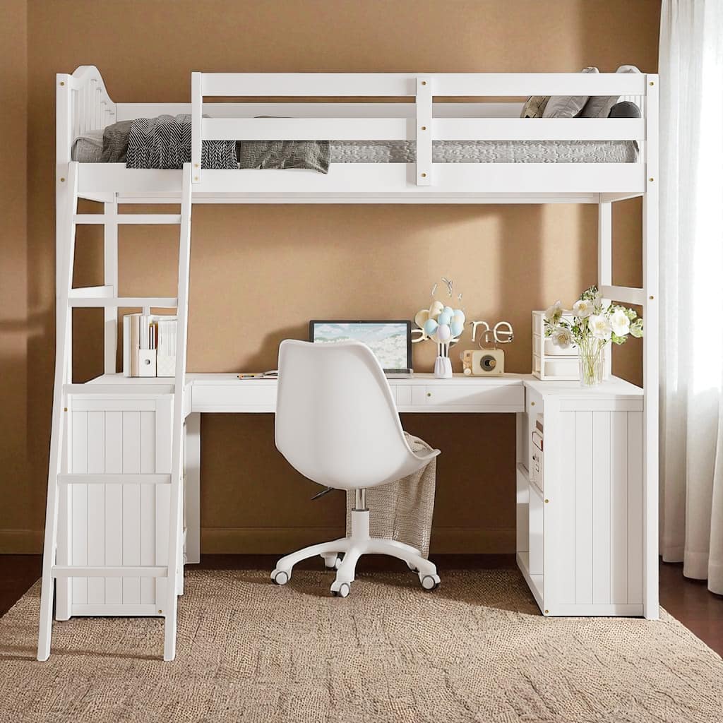 Twin Size Wooden Loft Bed with Desk, Drawers, Cabinet and Shelves, Space-Saving Workstation for Kids and Teens