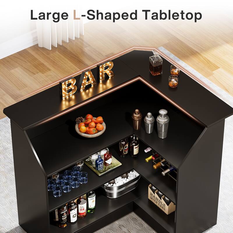 Black Wood L-Shaped Bar Cabinet, 4-Tier Corner Bar