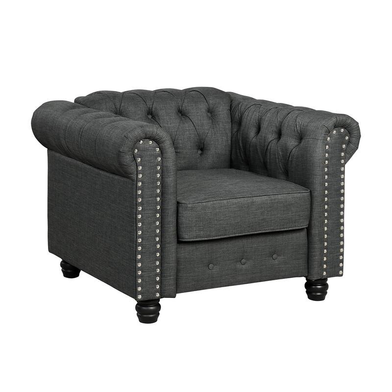 Morden Fort Button Tufted Upholstered Chesterfield Sofa Set Chair, Loveseat 2 PCS for Living Room,Linen,Solid Wood Legs