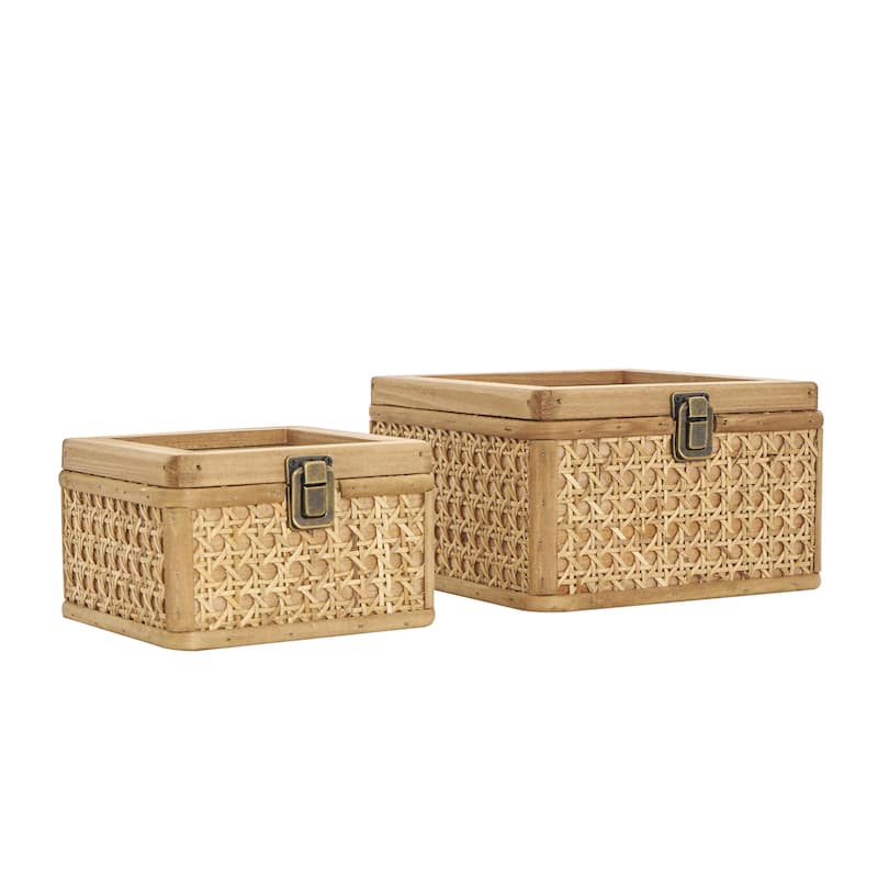 Rattan Handmade Woven Rattan Box with Glass Tops and Bronze Latches - Set of 2 Brown - Roche River Decor