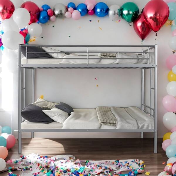 slide 2 of 15, Durable Metal Twin Over Twin Bunk Bed with Anti-Noise Design,Kids Bed Design Silver