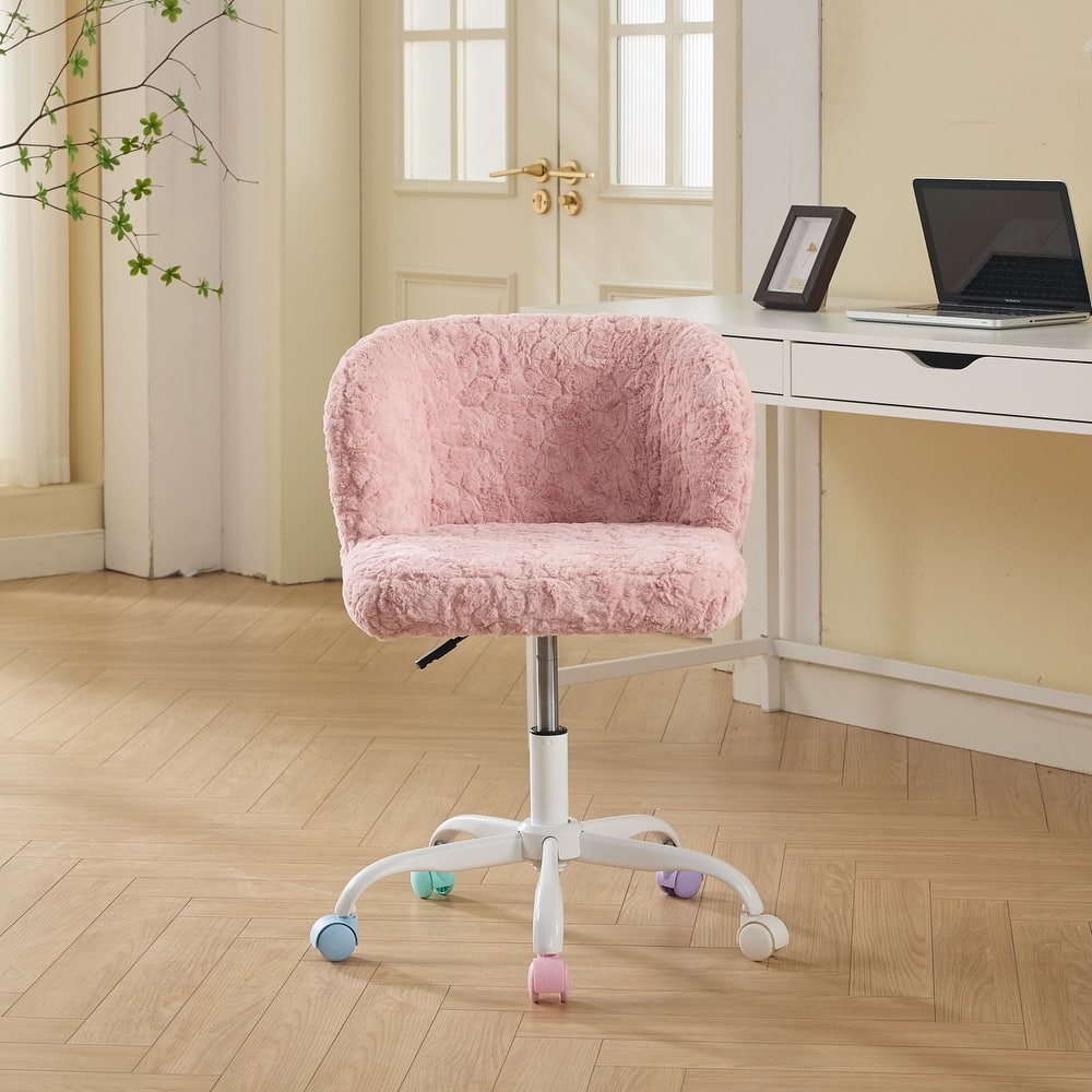 Roomfitters Faux Fur Office Chair, Adjustable Swivel Desk Chair with White Metal Base and Colorful Wheels