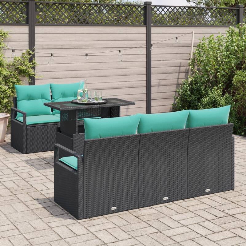 vidaXL 6 Garden Sofa Set with Cushions Black/Brown/Grey Poly Rattan - 68.9 x 24.4 x 27.2