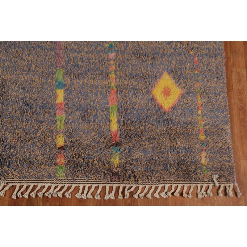 Brown & Blue Moroccan Abstract Area Rug Handmade Wool Carpet - 8'10"x 12'9"
