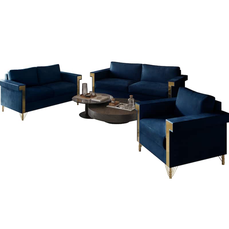 CraftPorch Luxurious Velvet Upholstered 3-Piece Living Room Set - Midnight Blue