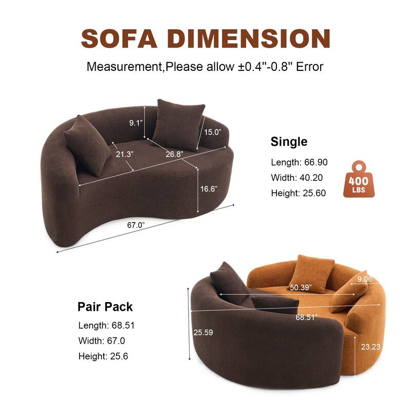Full Compression Sponge Loveseat, S-Curved Dual-Depth Sofa, Brown Chenille Modular for Small Spaces & Meditation