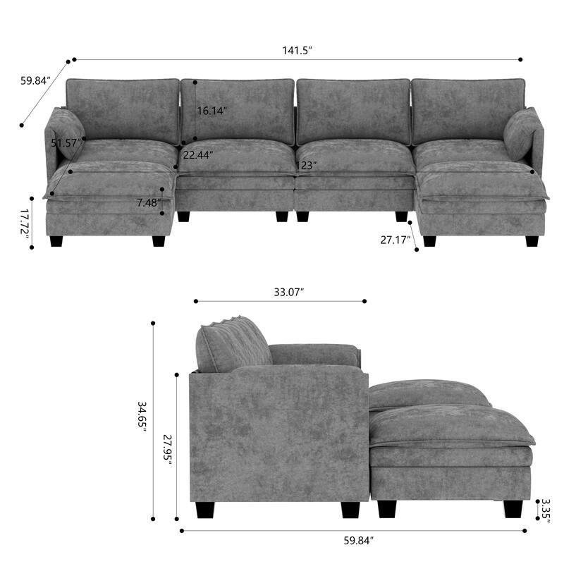 U-Shaped Sectional Sofa with Movable Ottoman, Oversized Fabric Upholstered 6 Seater Sofa, Deep Seat Sofa with Side Pockets