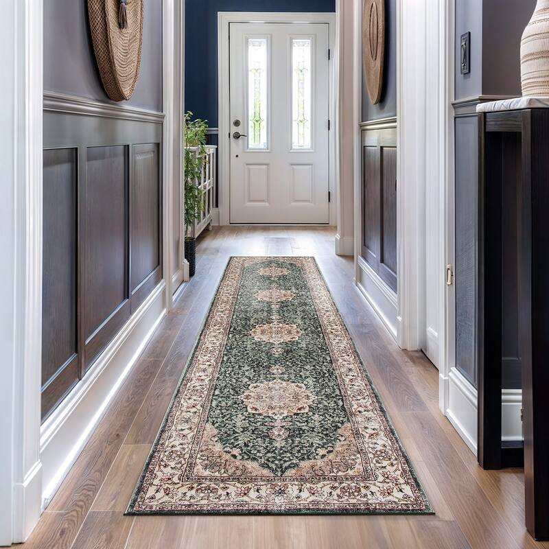 World Rug Gallery Traditional Oriental Medallion Washable Non Slip Area Rug - Green - 2'x10' Runner