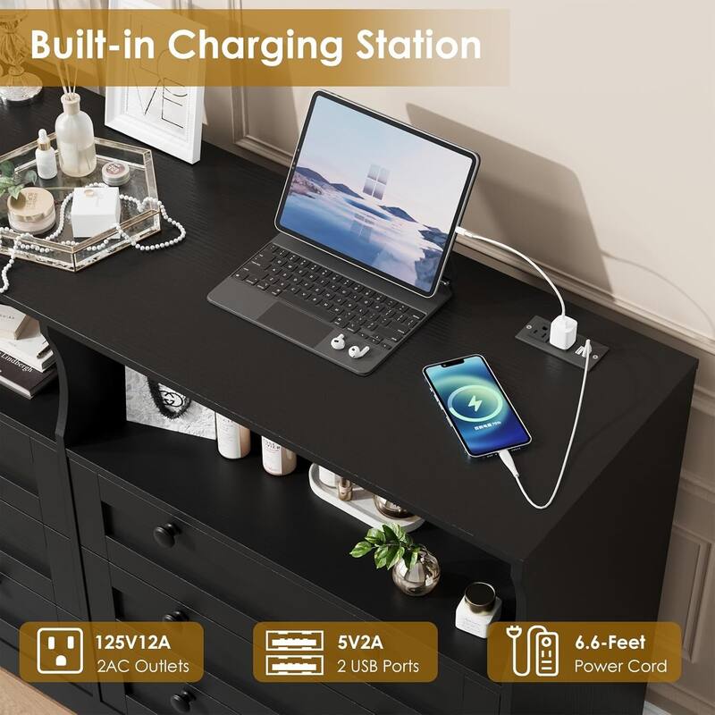 Modern 6 Drawer Dresser for Bedroom with Power Outlet and LED Light