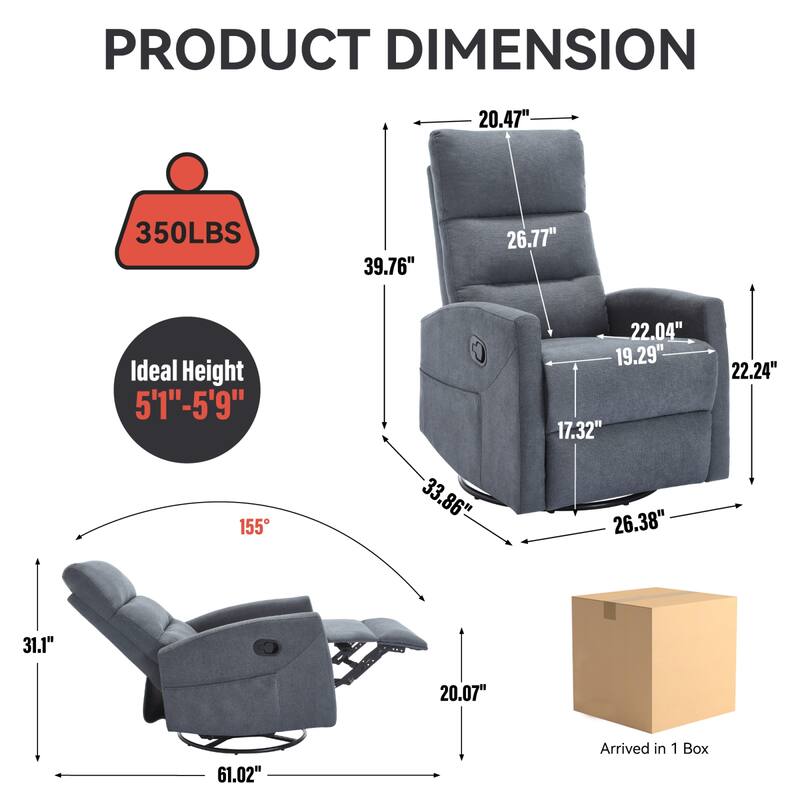 Roomfitters Swivel Rocker Recliner Chair Manual 360 Degree Glider Lounge Sofa Padded Fabric Armchair for Living Room