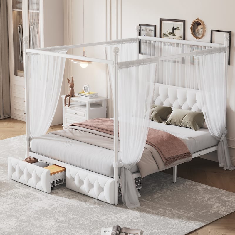 Queen Size Metal Canopy Platform Bed with Upholstered Headboard and 2 Storage Drawers (350lbs Capacity)