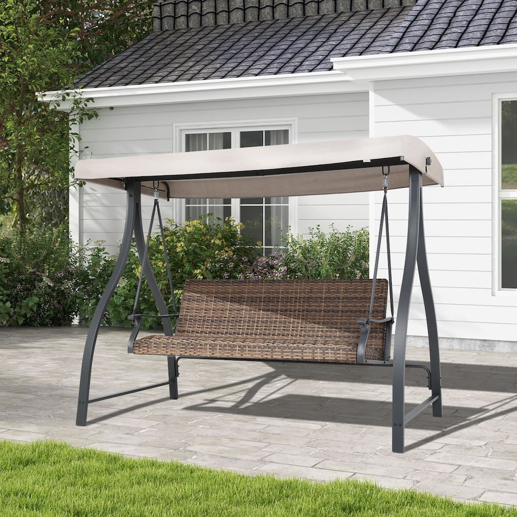 Aoodor 3-Seat Outdoor Rattan Patio Swing with Adjustable Canopy - Stylish Comfort for Your Porch, Garden, and Yard