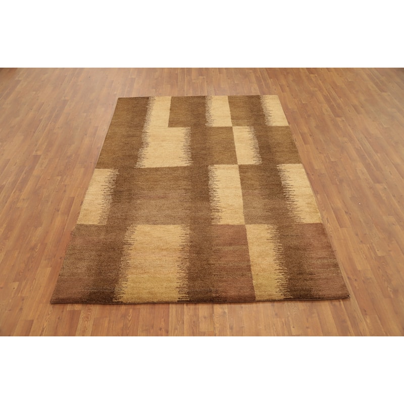 Hand Knotted Oriental 100% Wool Carpet Modern Geometric Brown Gabbeh Area Rug - 8' 1'' X 5' 8''