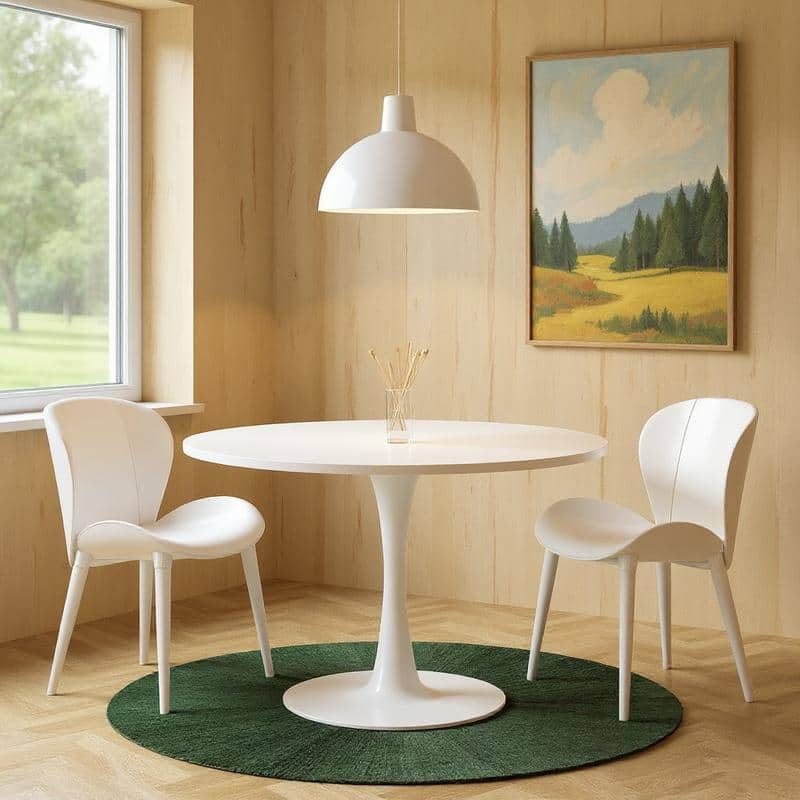 Grondin Mid-Century Modern Round Kitchen or Dining Table with Premium MDF Top and Steel Pedestal Base for Dining Room