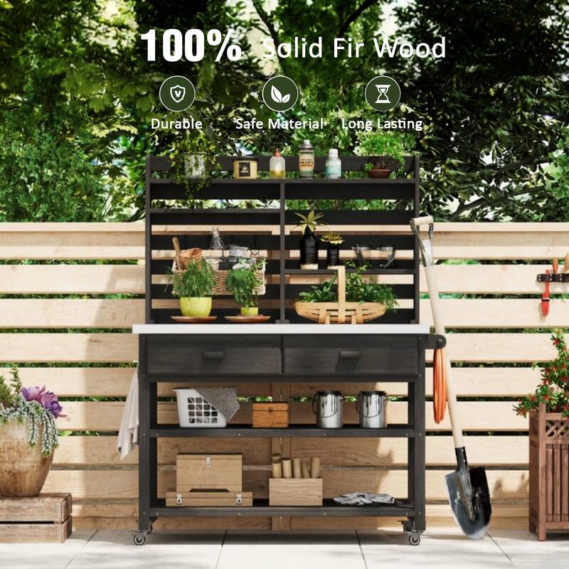 64.9"H Outdoor Potting Table with Lockable Wheels,Solid Wood Kitchen Island with Upper Hutch,Stainless Steel Top,Towel Rack