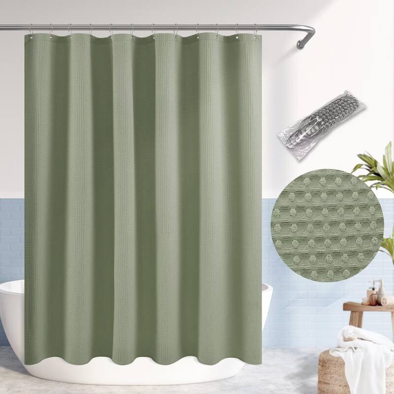 Dobby Waffle Shower Curtain with 12 Metal Hooks - 71"Wx72"L - Sage