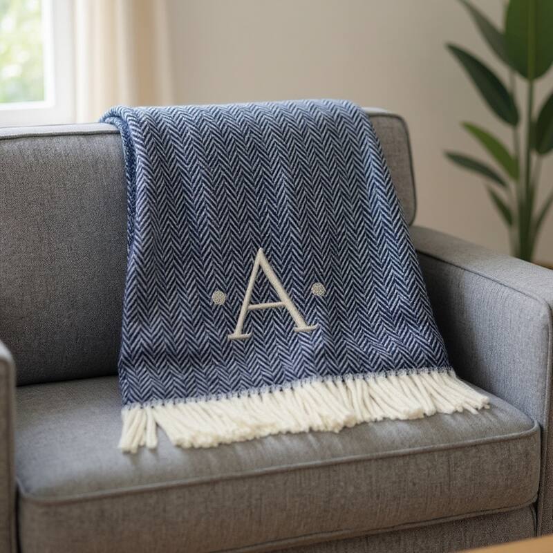 HomeRoots 55" X 70" Navy Blue And White Herringbone Cotton Blend A Initial Throw Blanket with Tassels And Embroidery - Throw - Navy Blue/White