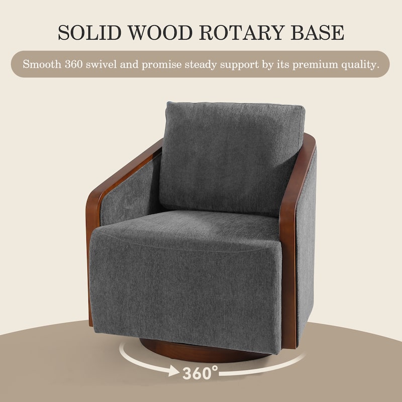 Upholstered Swivel Barrel Chair with Curved Wood Arms