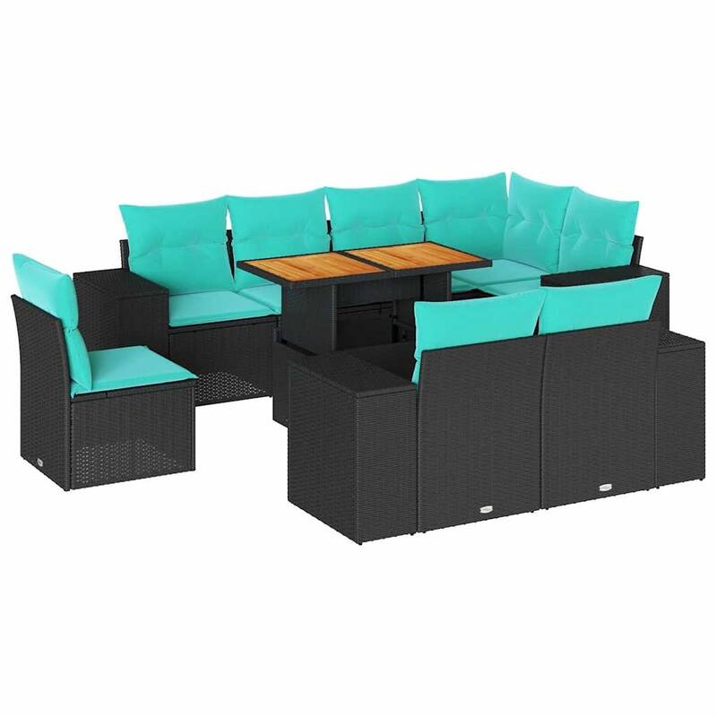 vidaXL 9 Piece Patio Sofa Set with Cushions Black Poly Rattan - 21.7 x 24.4 x 27.2