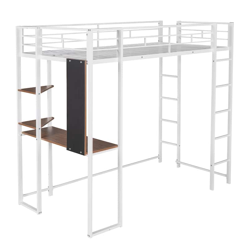 Loft Bed with 2 Shelves and Desk, Twin Size Metal Bed with Workspace