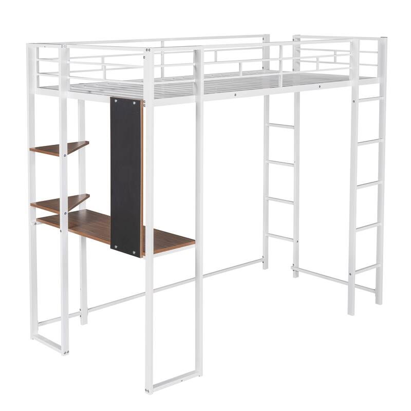 Twin Size Metal Loft Bed with Desk and 2 Shelves, White Finish, Sturdy Frame