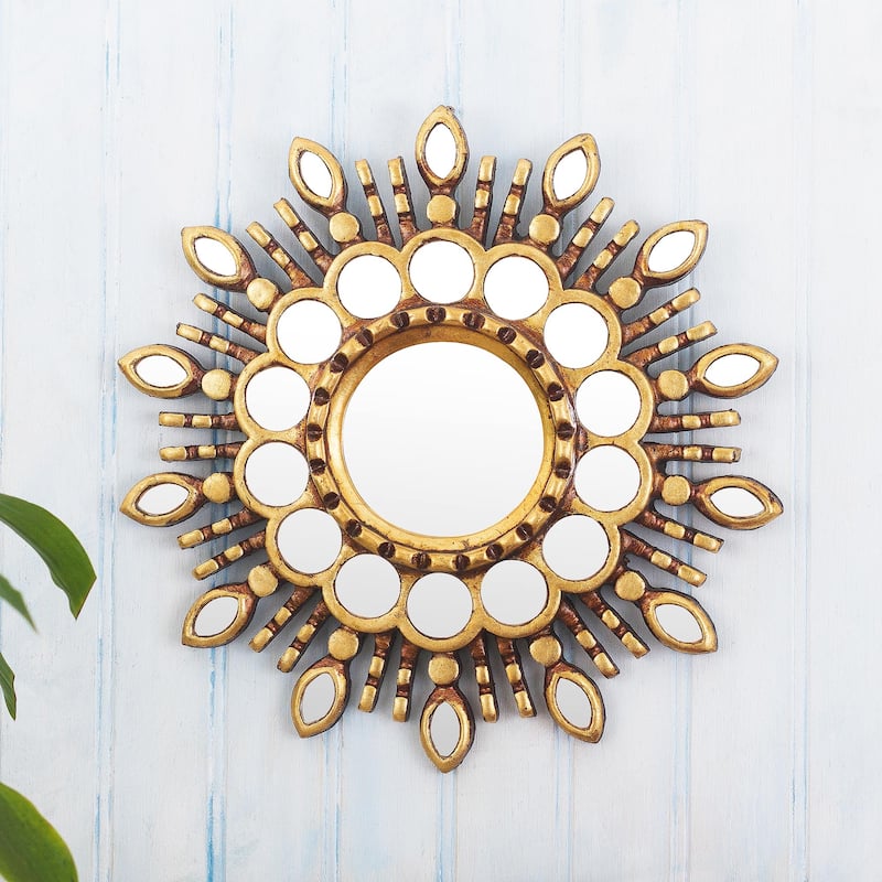 NOVICA Handmade Golden Blossom Wood And Glass Wall Accent Mirror - 11.75" H x 11.75" W x 1.2" D