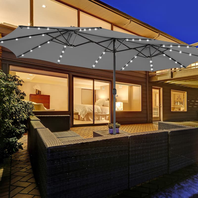 15ft Twin Outdoor Patio Umbrella with 48 Solar LED Lights and Crank