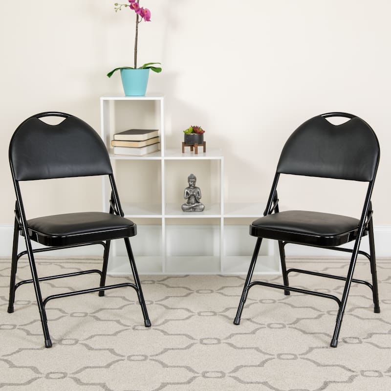 2 Pack Extra Large Ultra-Premium Triple Braced Folding Chair - Black Vinyl/Black Frame