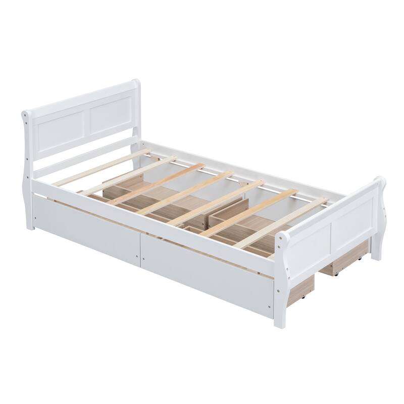 Wood Platform Bed with 4 Drawers and Streamlined Headboard & Footboard