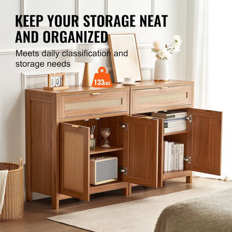 Buffet Cabinet, Rattan Cabinet with Storage 90inch, Storage Cabinet with 6 Magnetic Doors and Adjustable Shelves Set of 3, Side