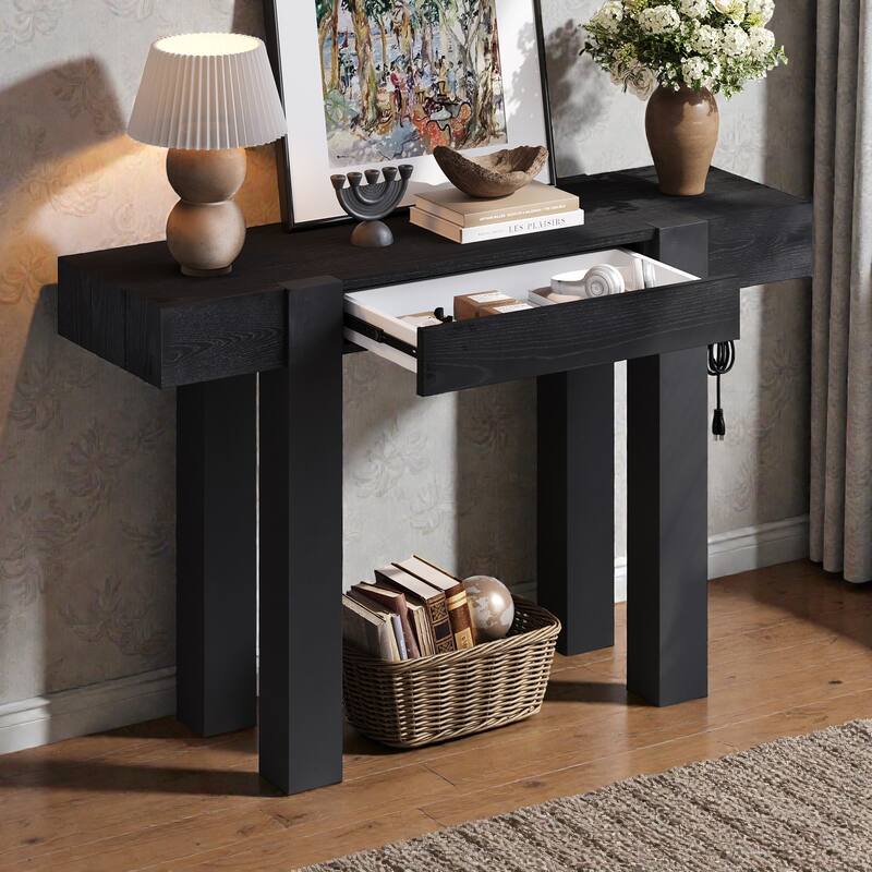 Rustic Minimalist Console Table with Hidden Drawer & Power Outlet, Solid Wood Entryway Table for Living Room & Home Office