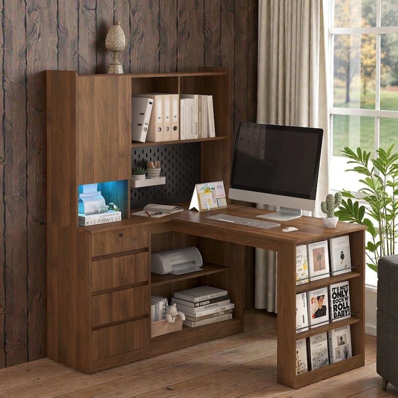 L Shaped Computer Desk with Drawers and Bookshelf, Corner Desk with LED Light and Power Outlets for Home Office - Wood