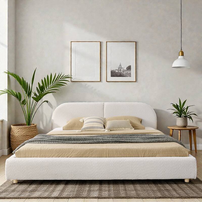 Upholstered Bed Frame with Tall Curved Headboard, Premium Circle Yarn Fabric, Modern Minimalist Platform Bed