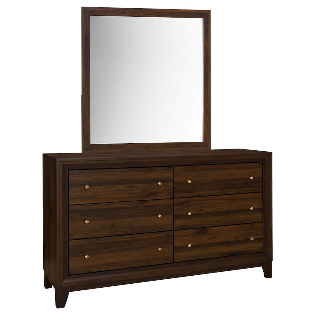 6-Drawer Walnut Dresser and Mirror Set with Warm Finish, Smooth Glide Drawers, and Contemporary Bedroom Style
