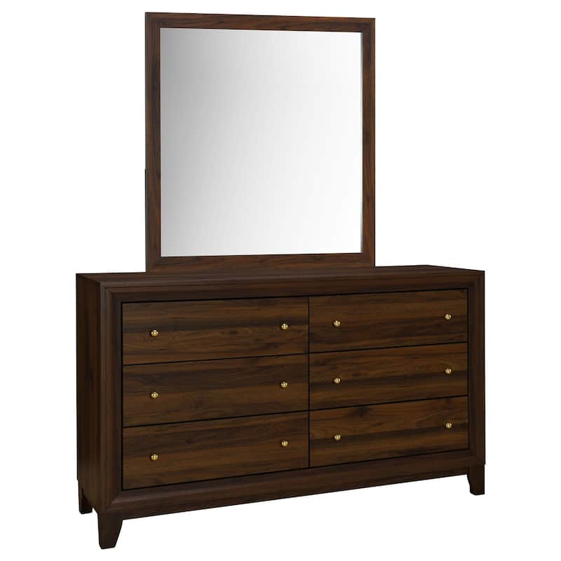 6-Drawer Walnut Dresser and Mirror Set with Warm Finish, Smooth Glide Drawers, and Contemporary Bedroom Style