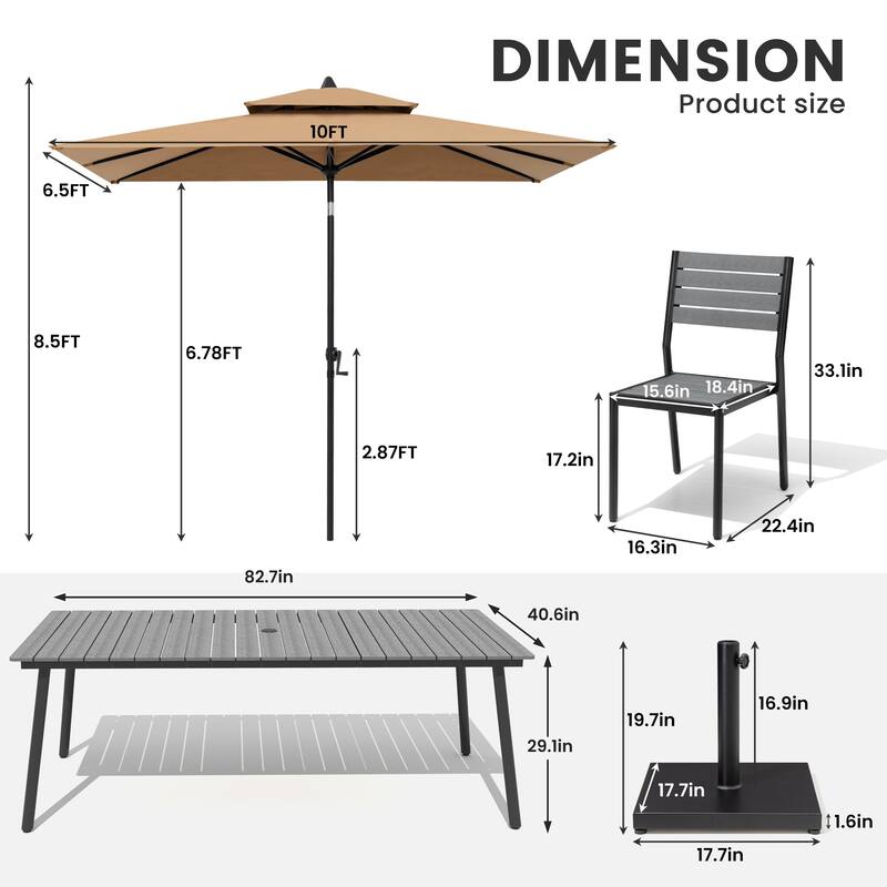 11-Piece Patio Dining Set Aluminum Table and 8 Stackable Chairs w/10 ft Umbrella and Base Stand
