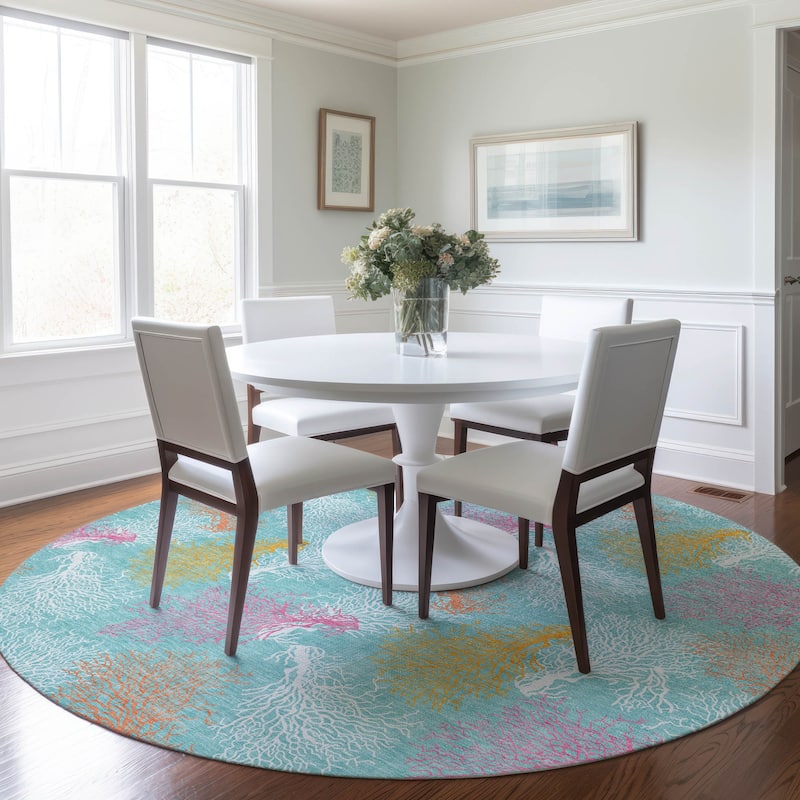 Premium Washable Super Soft Coastal Coral Mayfield Rug - Aqua - 8' x 8' - Round