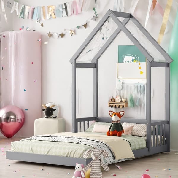 slide 2 of 27, House-Style Funny Full House-shaped Roof Headboard Floor Kids Furniture Bed Kidsbed, Grey Grey
