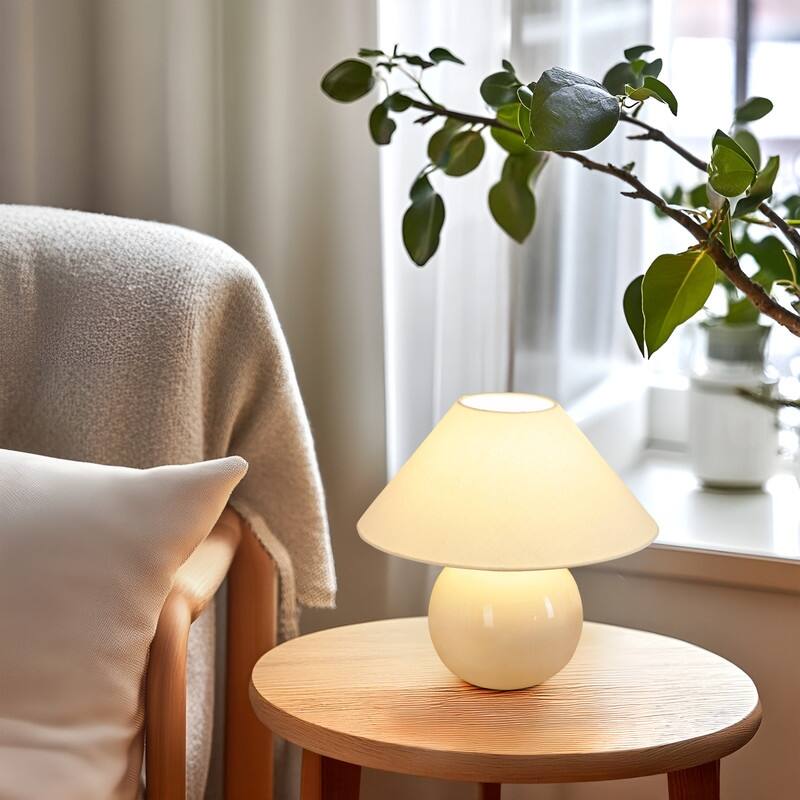 Brightech Fiona LED Off-White Cream Ceramic Midcentury Round Globe Bedside Nightstand Desk Lamp with Cream Cotton Empire Shade