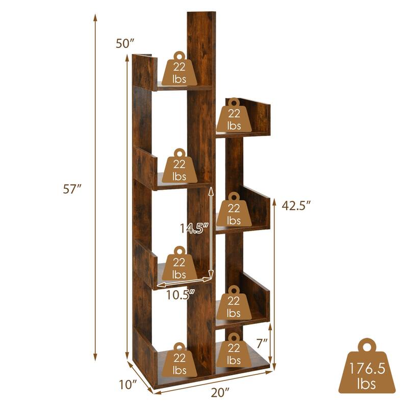 Gymax 8-Shelf Bookcase Modern Tree Bookshelf Storage Decor - 20''x 10'' x 57''