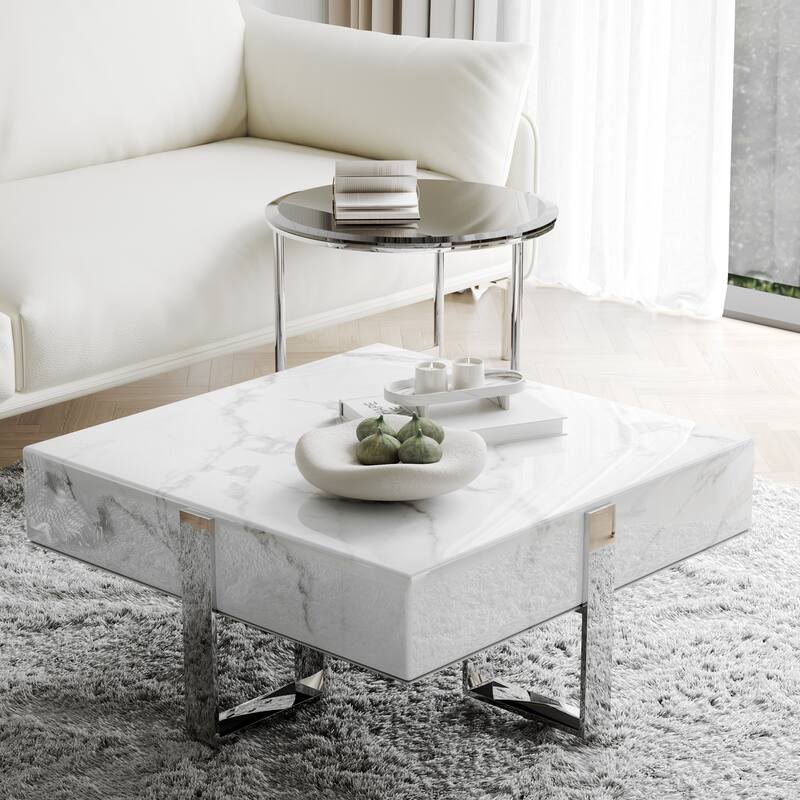 Modern Luxury Square Faux Marble Coffee Table Set Nesting Coffee Table with End Table