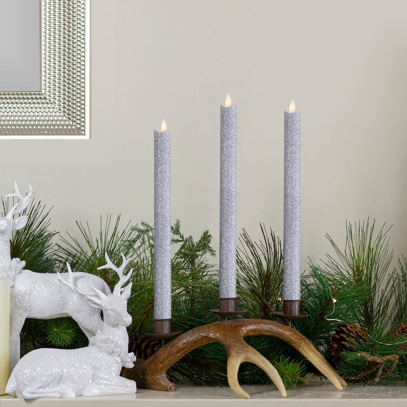 Set 2 Silver Glittered LED Flameless Taper Christmas Candles 11"
